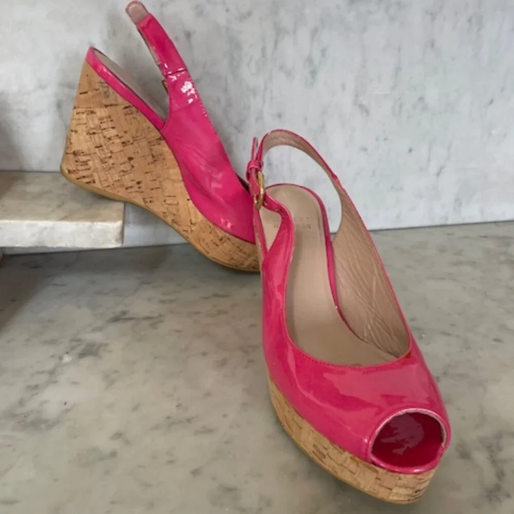 STUART WEITZMAN Jenny Fuchsia Peep Toe Sling Back Cork Wedge 6M